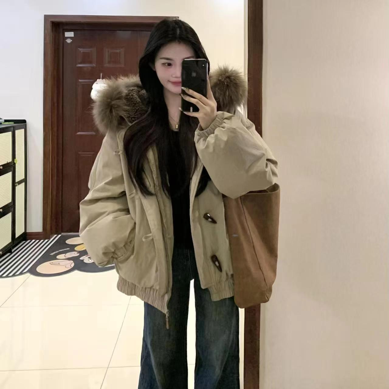 美式女冬牛角扣棉衣工装派克服