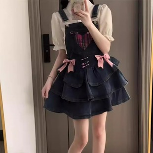 上衣百褶裙两件套 甜美可爱小个子背带裙套装 女2025夏季 新款 泡泡袖