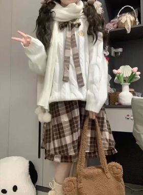 小个子美拉德穿搭软糯麻花毛衣针织衫格子半身裙温柔初秋两件套装