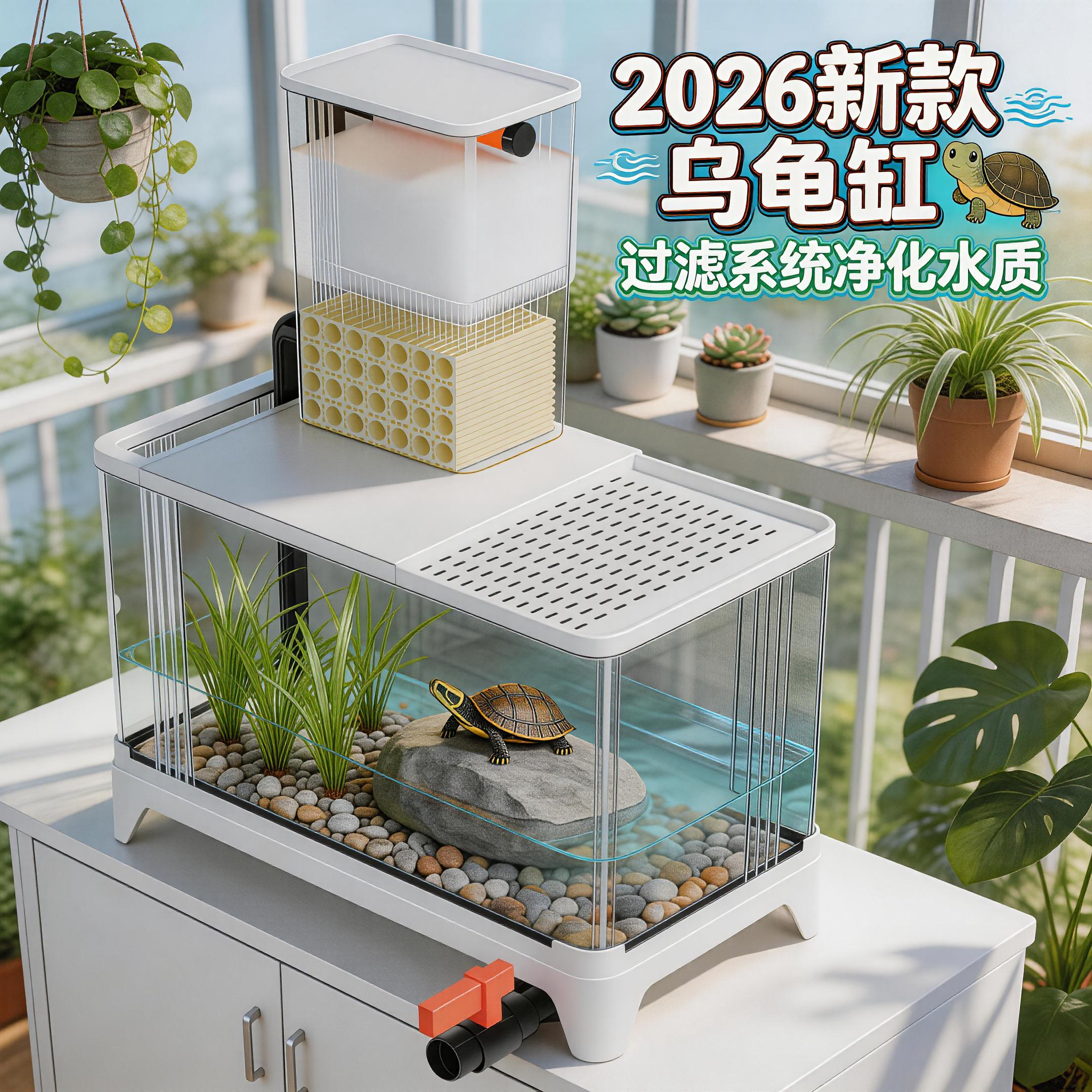 乌龟缸过滤循环系统造景专用缸水陆两栖生态缸大号一体底排水龟缸