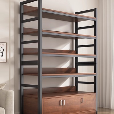 书架落地置物架客厅书柜储物柜一体靠墙多层钢木货架展示柜子带门