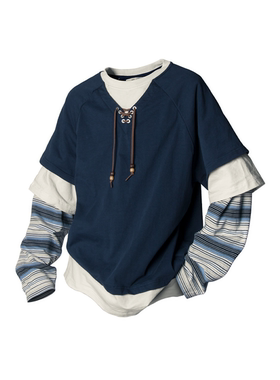 RELABEL 空间关系（平行线）四色条纹拼接绳结串珠假三件长袖T恤