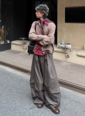 RELABEL 空间关系（悬挑）双层横竖打褶假两件宽松弯刀廓形西裤