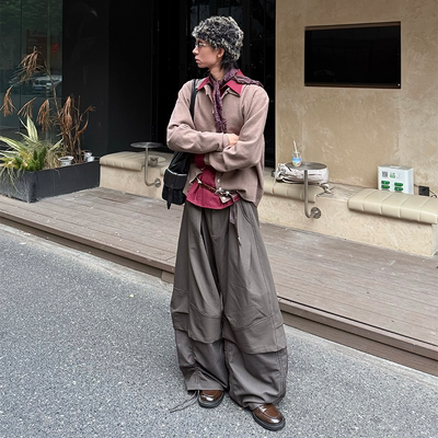 双层打褶假两件宽松弯刀廓形西裤