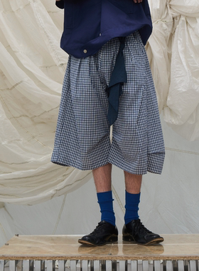 ‘LABEL系列 可拆卸方巾格纹横竖打褶立体剪裁可调廓形皮牌八分裤