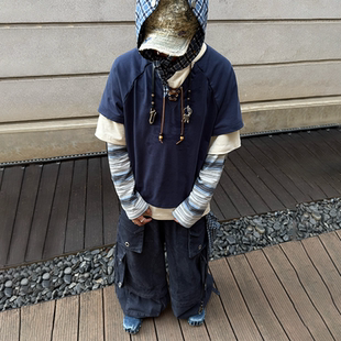 RELABEL 平行线 四色条纹拼接绳结串珠假三件长袖 T恤 空间关系