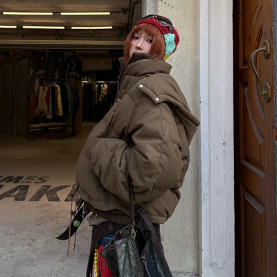 进口澳羊毛拼接可拆帽羽绒服