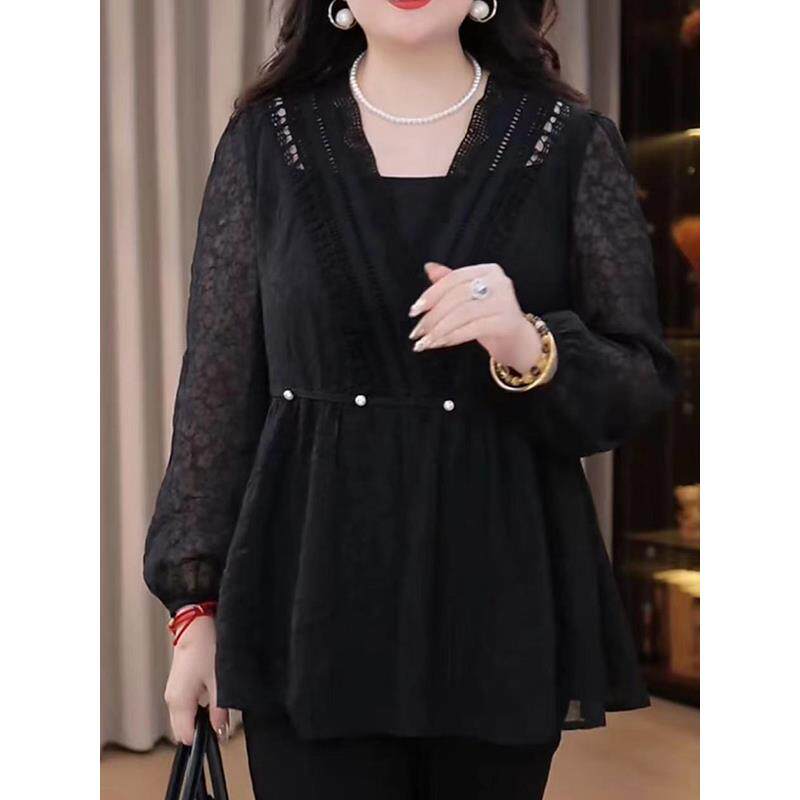 ROUMIKL高端优雅妈妈减龄长袖上衣女秋季大码胖妹妹遮肉遮肚显瘦