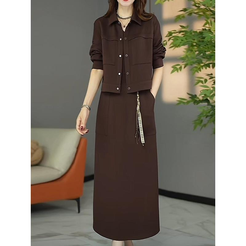 ROUMIKL精致妈妈秋季穿搭开衫外套连衣裙两件套轻奢时尚套装女遮