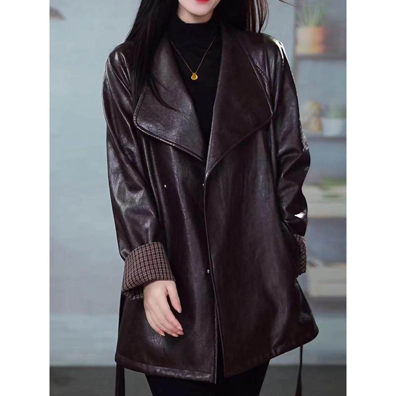 ROUMIKL轻奢气质秋冬皮衣外套女妈妈中长款大码贵气时尚水洗软PU