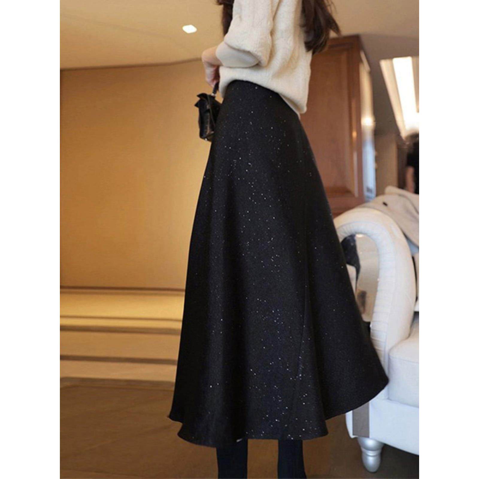 ROUMIKL品牌服饰女装高腰显瘦亮片a字中长款半身裙子2025春秋冬新