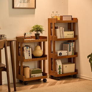 全实木可移动小推车置物架落地书架家用多功能储物架子零食收纳架
