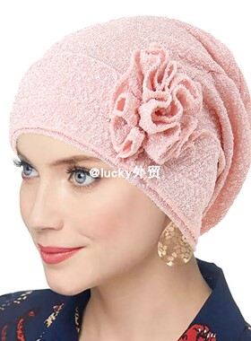 外贸民族风盘花花朵头巾帽简便套头帽包头帽女士月子帽turban hat
