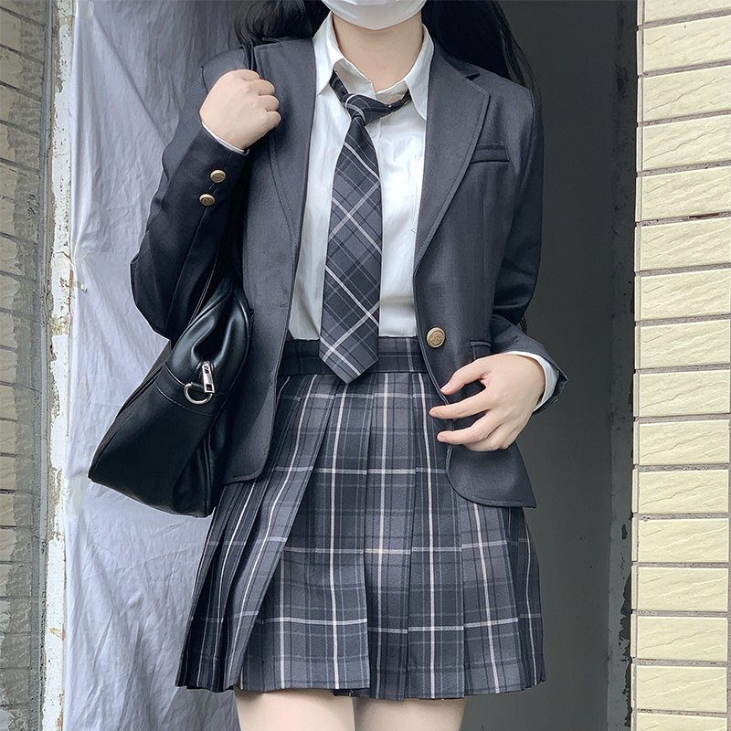 原创烟灰jk制服裙西服套装秋冬正版学院风小个子西装外套女三件套