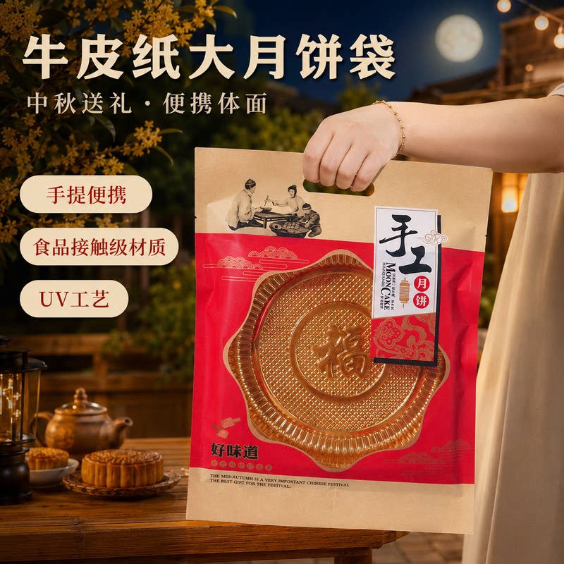 2026新款中秋大月饼包装袋牛皮纸加厚广式礼饼喜饼机封袋子带托盘