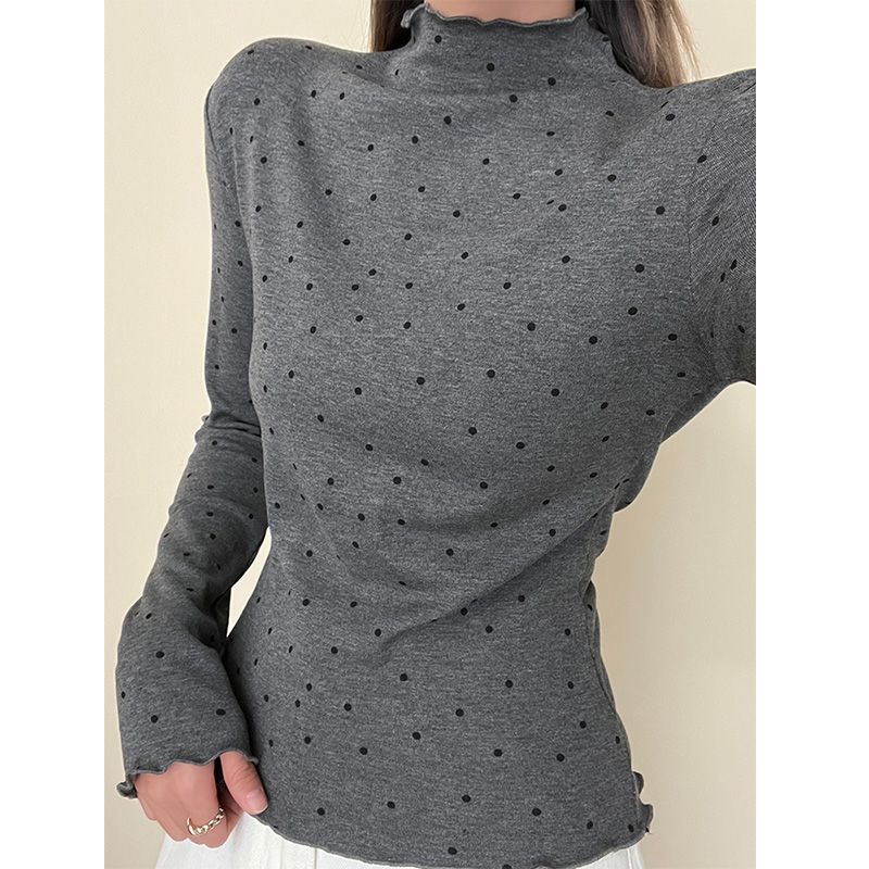 波点木耳边半高领打底衫女2025