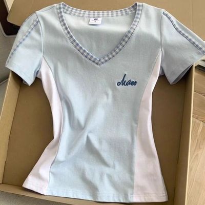 薄荷绿拼白色拼接撞色短袖T恤女