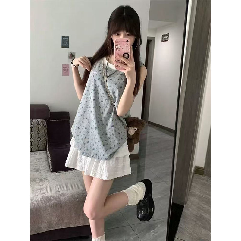 韩系叠穿假两件背心无袖t恤女夏