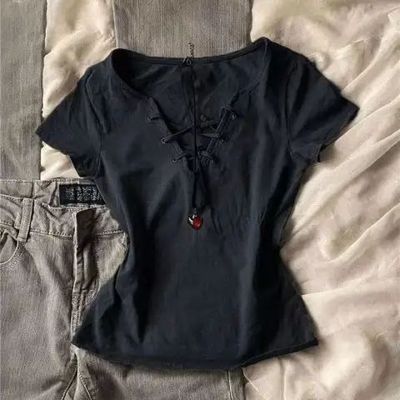 美式复古短袖V领系带短袖T恤女