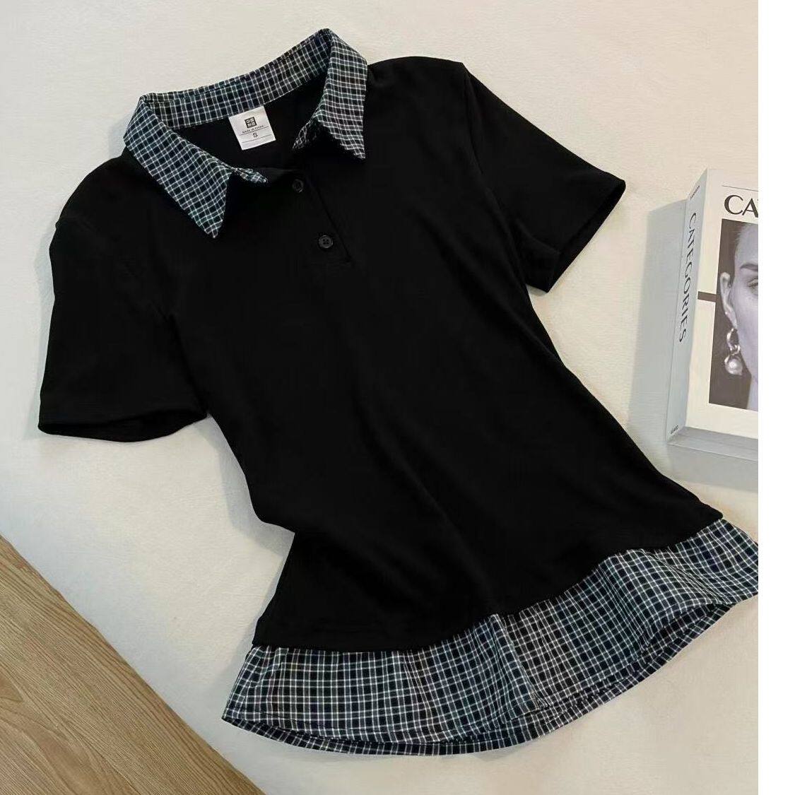 Polo领短袖T恤女2025夏季新款假两件格子拼接设计感减龄显瘦上衣,女装/女士精品,T恤,淘宝优惠券,粉丝福利购,淘宝优惠卷