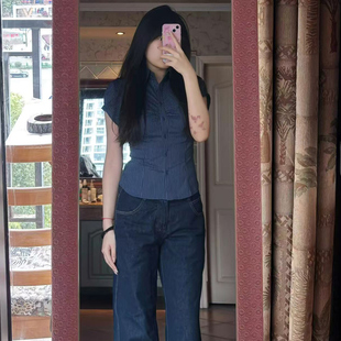 夏日绝美polo领藏青色条纹修身 女高级感气质辣妹掐腰上衣 短袖 衬衫