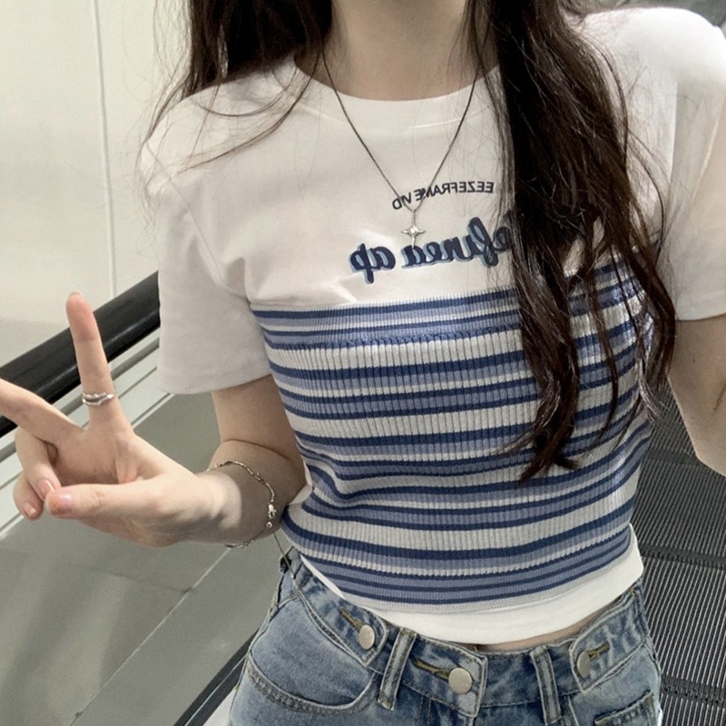 甜辣妹假两件短袖正肩T恤女
