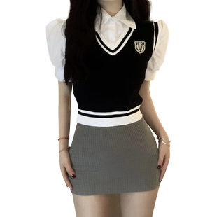 学院风假两件针织马甲背心拼接衬衫女夏季Polo领短袖衬衣短款上衣