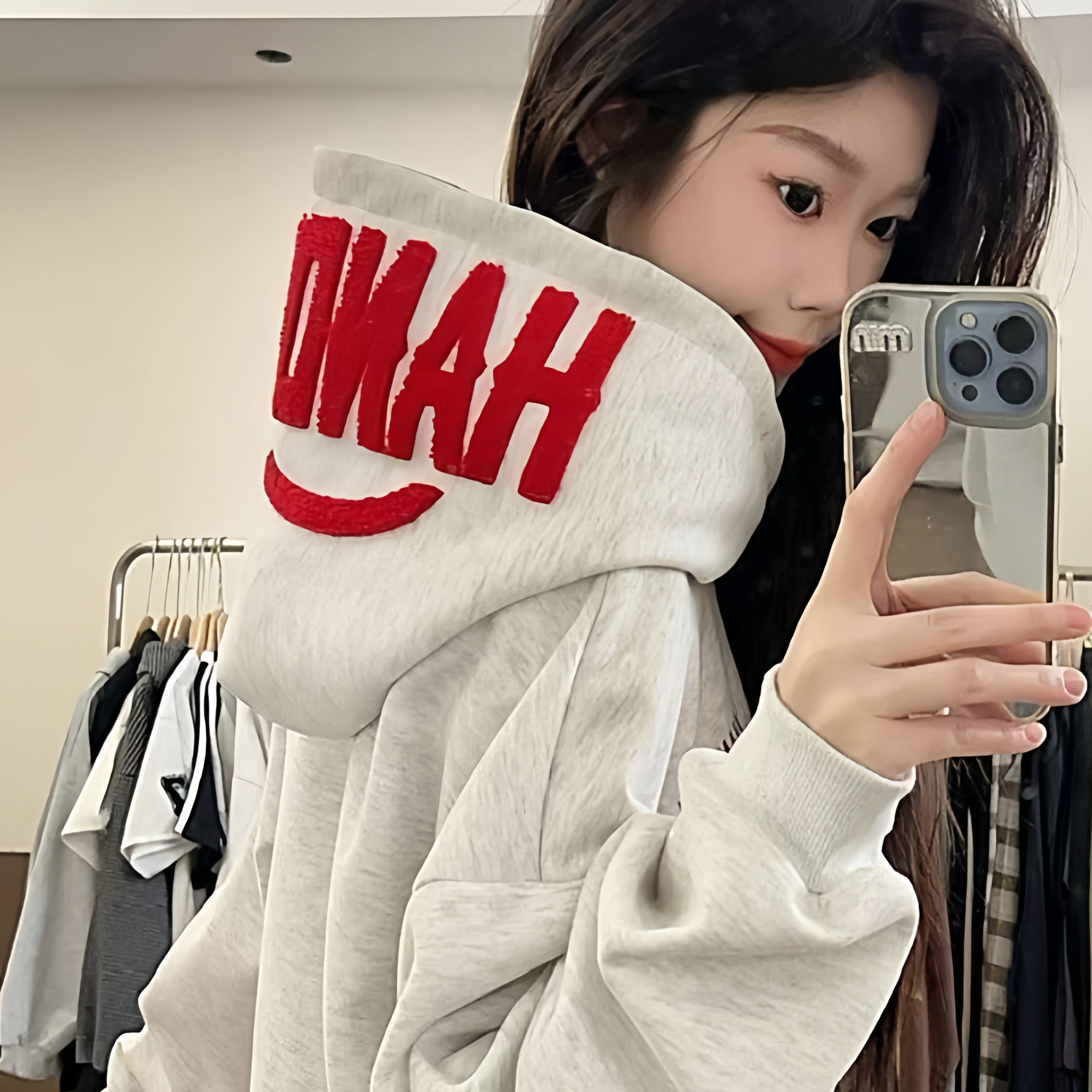 美式高街字母毛巾刺绣连帽卫衣女