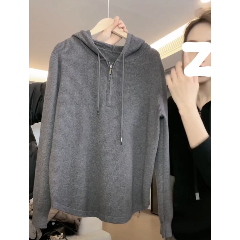 韩系纯色坑条连帽针织衫女秋冬