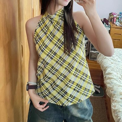 黄色格子美背挂脖吊带背心女2025夏季新款高级感无袖外穿辣妹上衣