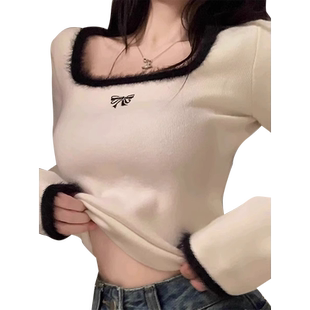高级感纯欲风方领内搭女秋冬2023新款加厚德绒辣妹修身打底衫上衣