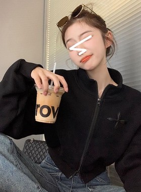 美式复古黑色运动风短款卫衣女