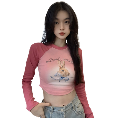 兔子印花T恤女初秋长袖修身显瘦