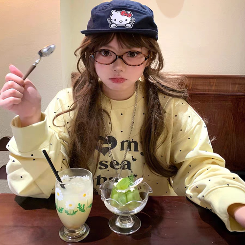 韩系奶黄色波点小狗纯棉卫衣女