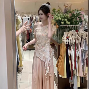 甜美碎花荷叶边不规则气质小衫 新款 法式 女夏季 上衣 设计感修身 短袖