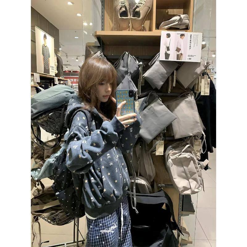 y2k亚文化星星骷髅满印连帽外套女春秋新款宽松休闲情侣开衫卫衣