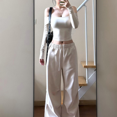 韩系穿搭一字肩白色t恤女早秋季