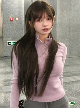 韩系立领正肩紫色长袖t恤女春秋冬新款内搭气质修身收腰辣妹上衣