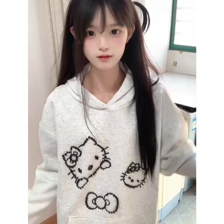 美式复古钉珠Kitty猫连帽卫衣