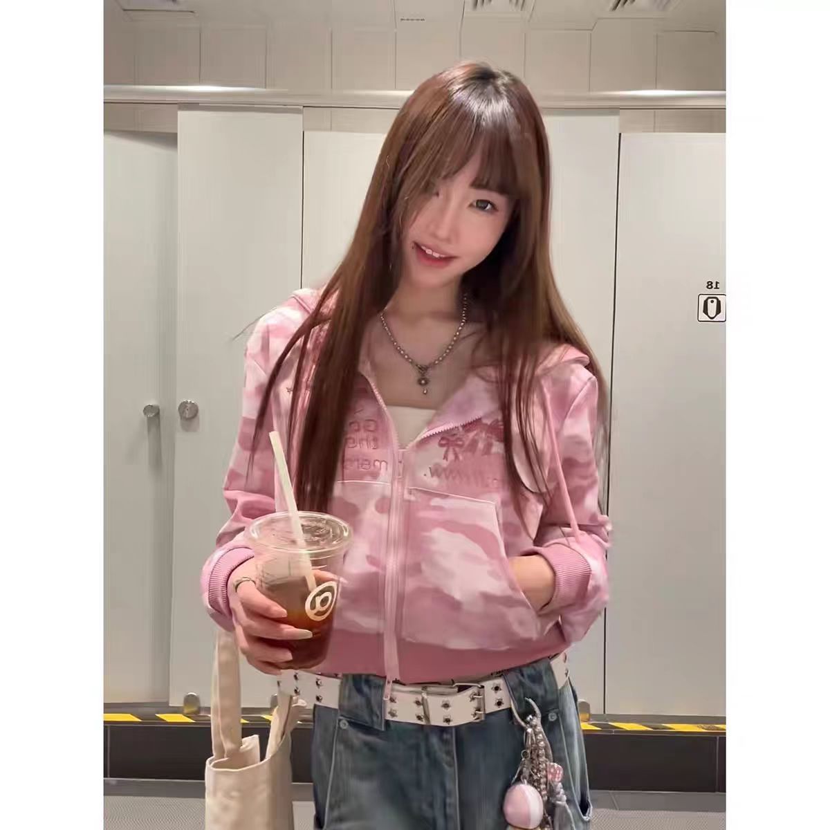 甜酷风粉色迷彩连帽外套女秋季