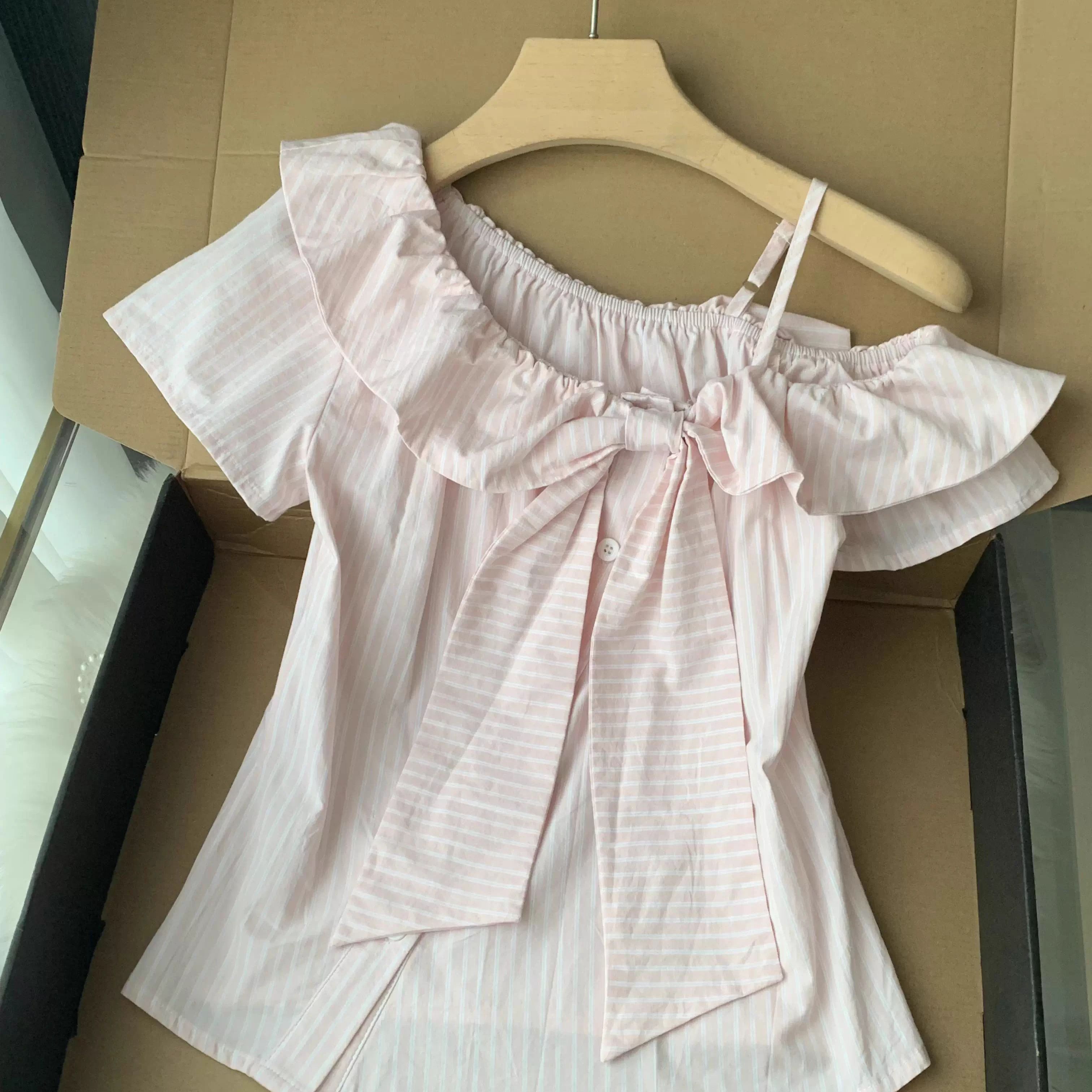 粉色条纹衬衫短袖女夏季蝴蝶结