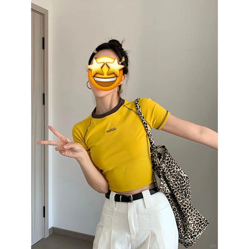 韩系复古正肩短袖t恤女夏季