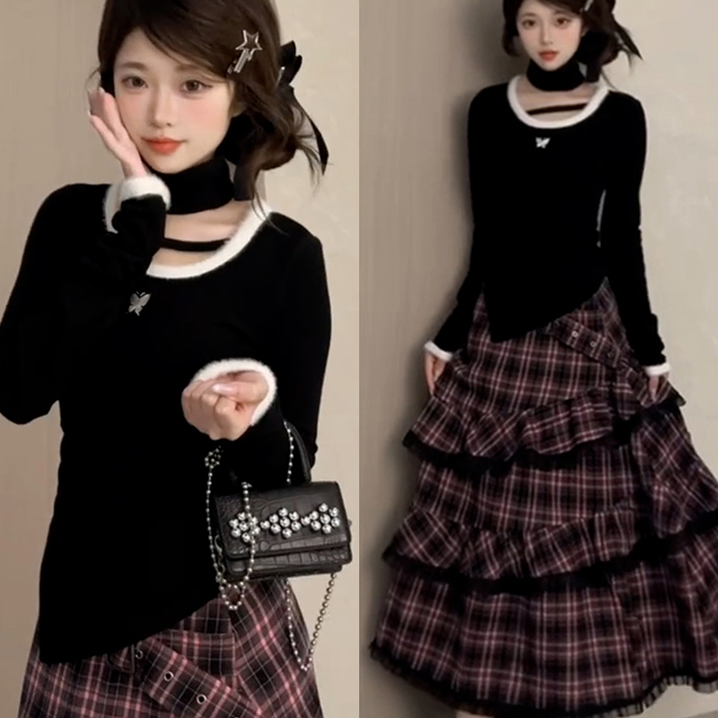 法式黑色挂脖不规则打底衫女秋冬