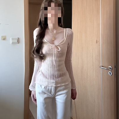 韩系温柔风淡粉色系带镂空针织衫