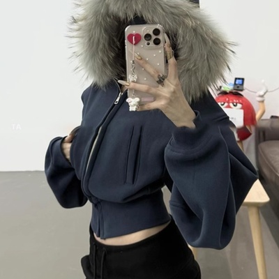 美式复古大毛领连帽卫衣外套女