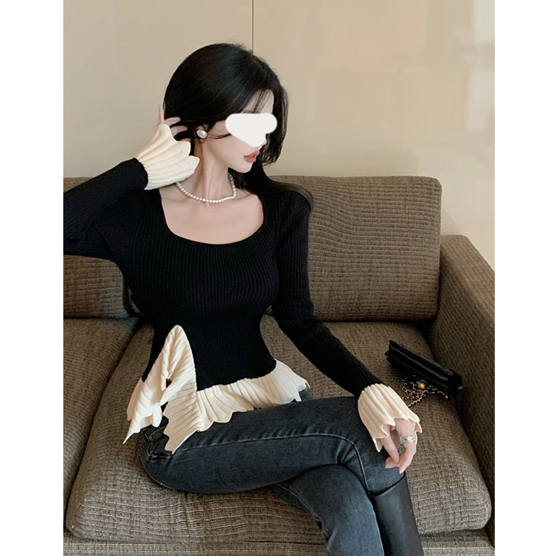 复古方领荷叶边毛衣打底针织衫女