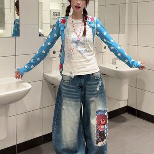 小众设计感修身 t恤女早秋新款 显瘦正肩上衣 复古星星印花长袖 美式