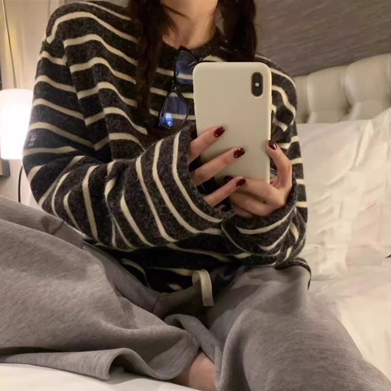 美式设计感磨毛条纹长袖T恤女