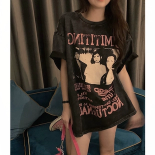 宽松原宿高街小众设计感半袖 复古黑色正肩短袖 上衣 美式 T恤女夏季