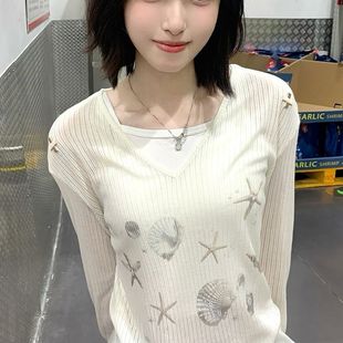 辣妹白色v领海星贝壳防晒罩衫 透气t恤微透视松弛感上衣 女夏季 新款
